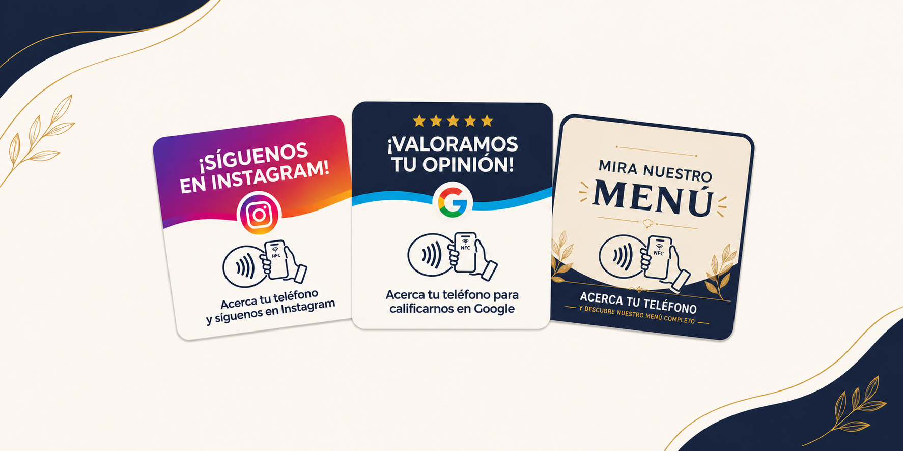 Ejemplos de tarjetas SoloUnToque: Instagram, Google y menú